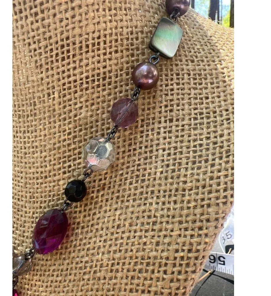 Lia Sophia Gunmetal Necklace Purple Silver Smoky Black Abalone Beads Adj 15"-18" - Image 3