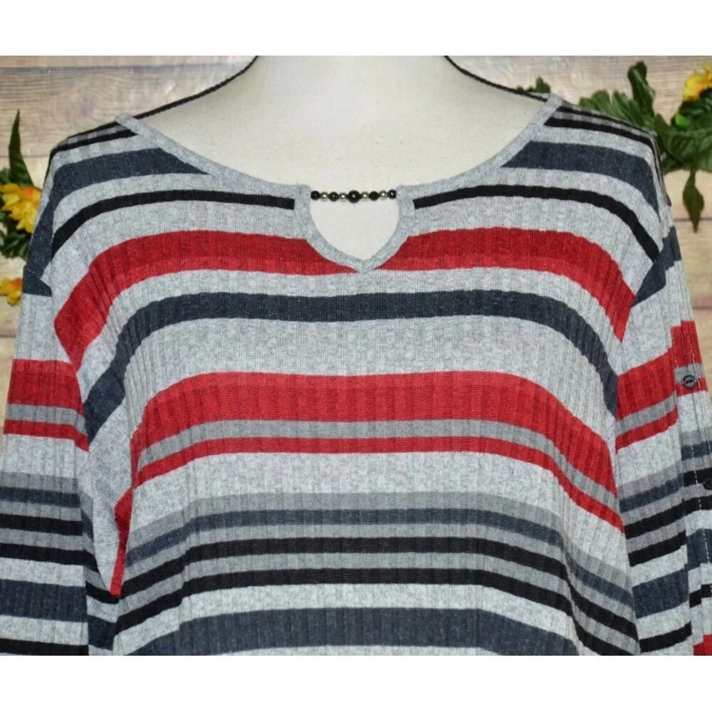 Alfred Dunner Women's 2X Striped Ribbed 3/4 Sleeve Knit Top Shirt Beaded V-Neck - Image 2