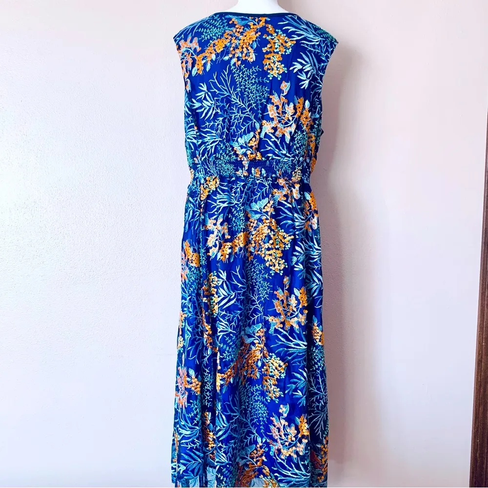 Reba Navy Blue Green & Orange Embroidered Floral Sleeveless Dress. Size XL - Image 7
