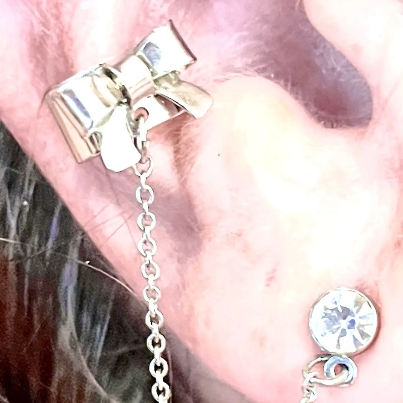 New CUFF EARRING Crystal Rhinestone Stud Post & Gift Bow Silver Drop Chain 2.75" - Image 2