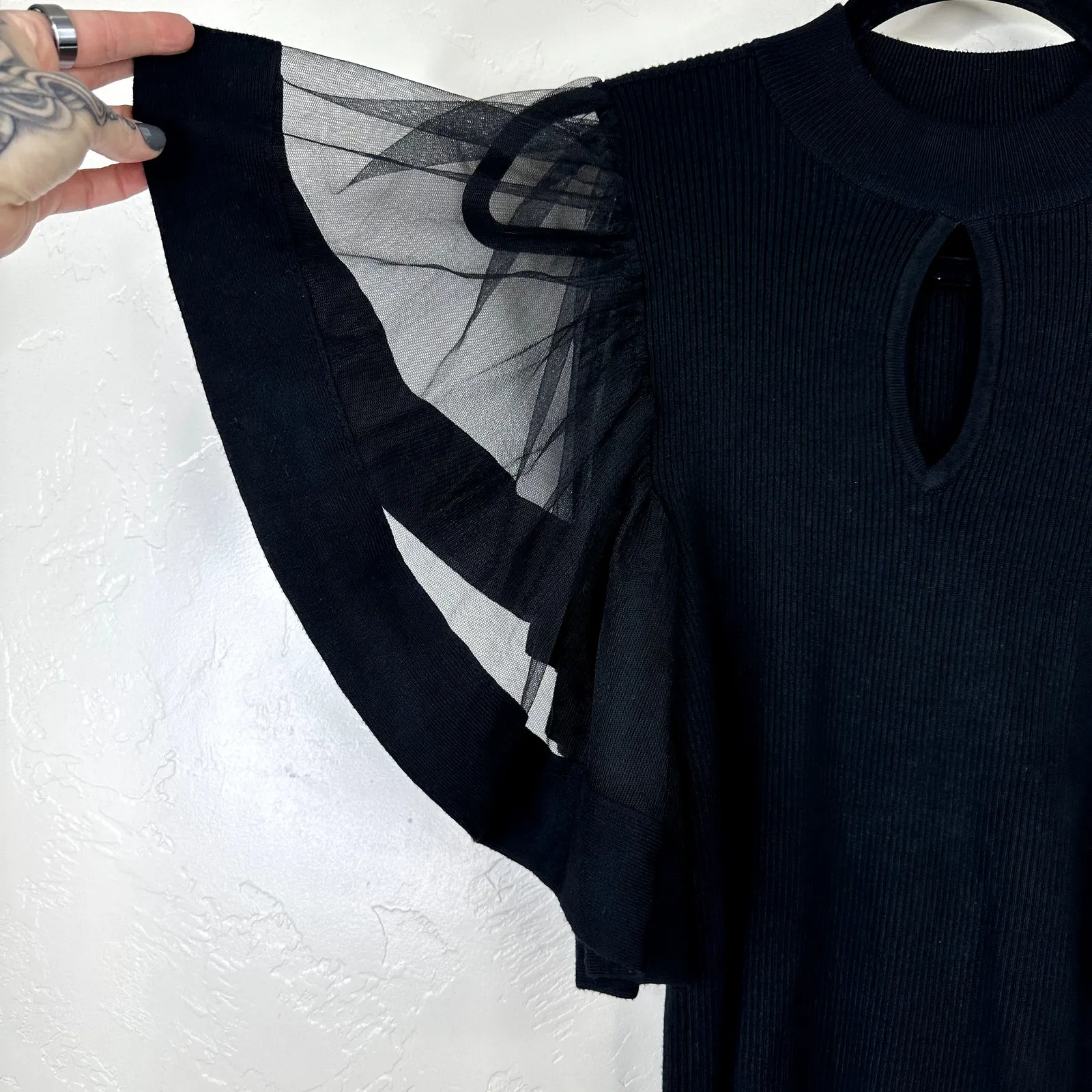 New York & Company NWOT 7th Avenue Design Studio Black Ribbed Flutter Sleeve Top - Image 4