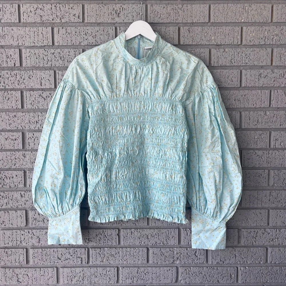 NWT Ganni Shirred Floral Organic Cotton Blend Poplin Blouse Puff Sleeve Blue - Image 3