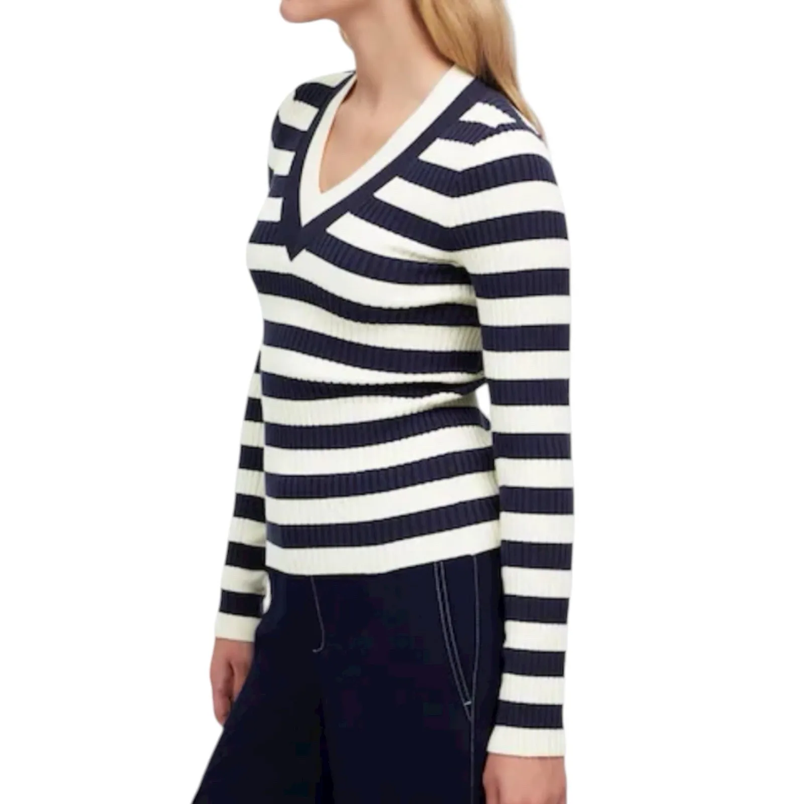 NWT Madewell V Neck Striped Sweater Size Medium Blue White Ribbed Slim Fit - Image 2