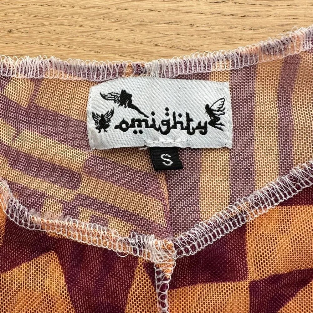 Omighty Exposed Seam Geometric Mesh Long Sleeve Crop Top in Orange - Image 2