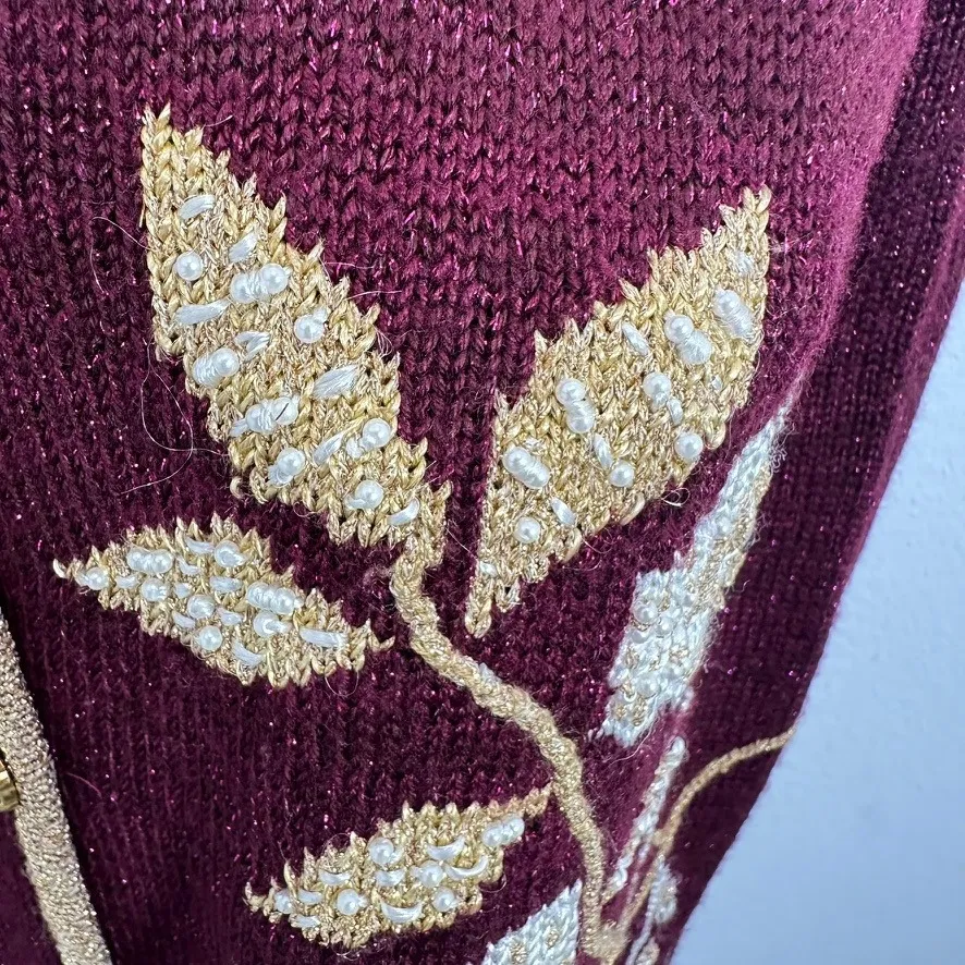 Vintage Jaclyn Smith Burgundy Metallic Floral Button Vest Size Medium Festive - Image 8