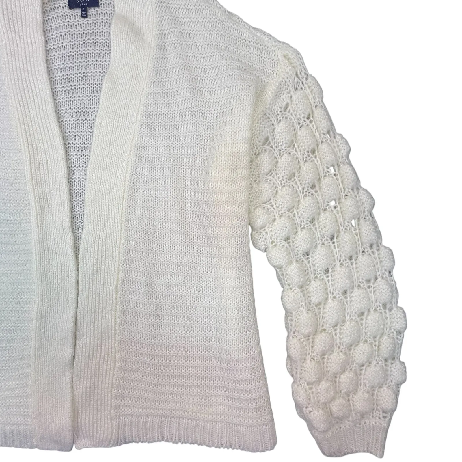 KAARI blue Womens White Chunky Knit Bobble Sleeve Cardigan Sweater Size L - Image 2