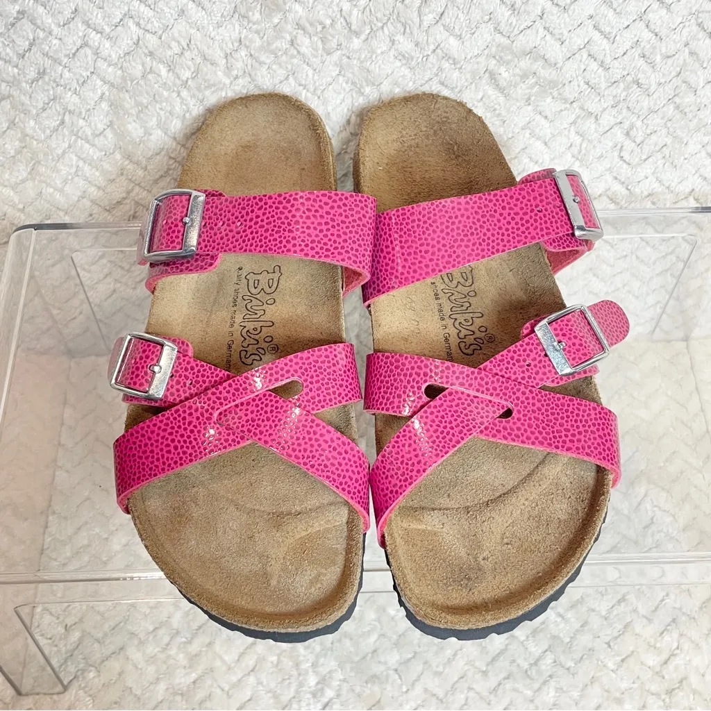 Birkenstock Birkis Pink Embossed Criss Cross Sandal Slides Women Size EU 36/US 5 - Image 10