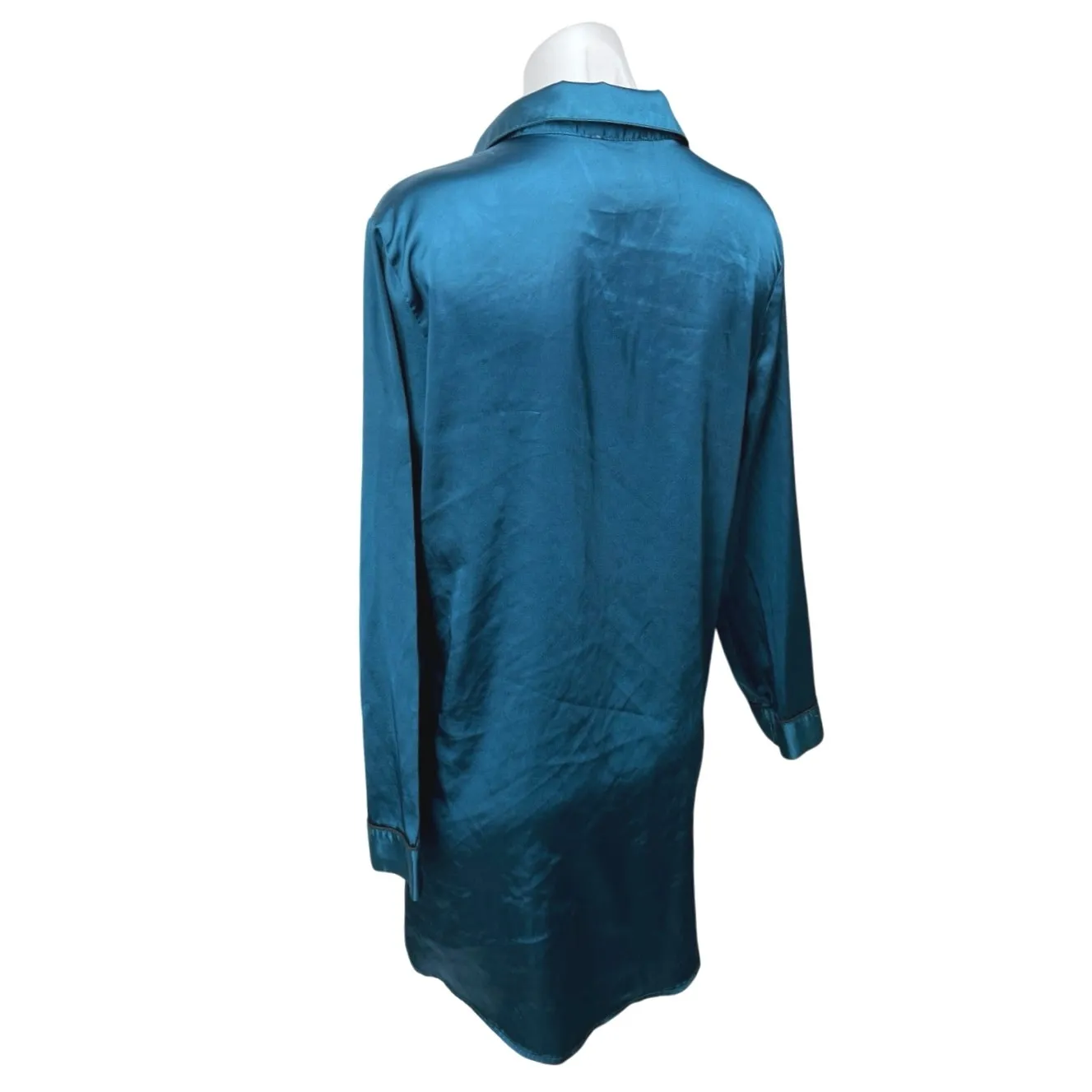 Ekouaer Blue Silk Satin Long Sleeve Collar Button Mini Nightgown Shirt Dress M - Image 2
