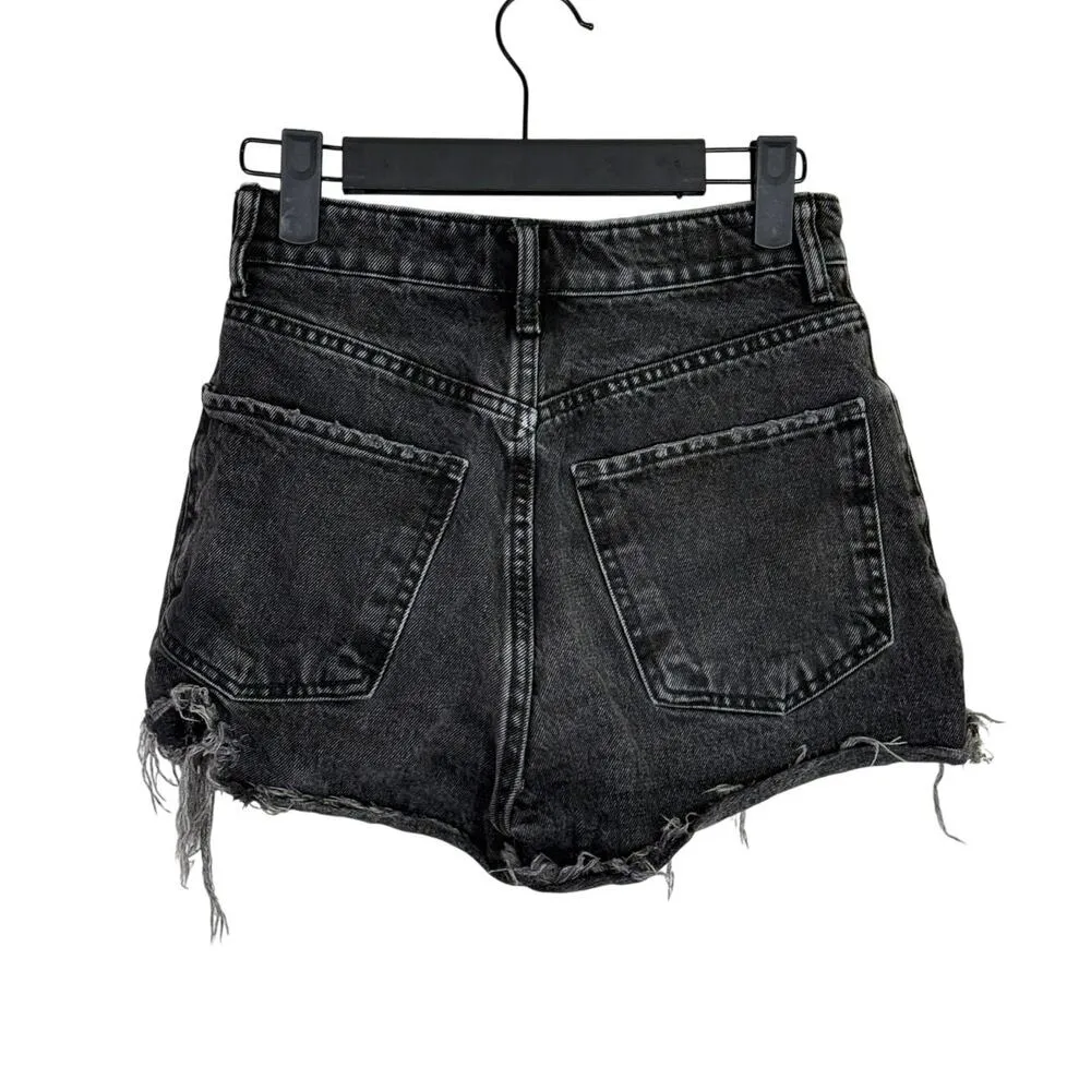 ZARA Cutoff Distressed Jean Shorts Raw Ripped Hem High Rise Pockets 0 Wash Black - Image 5