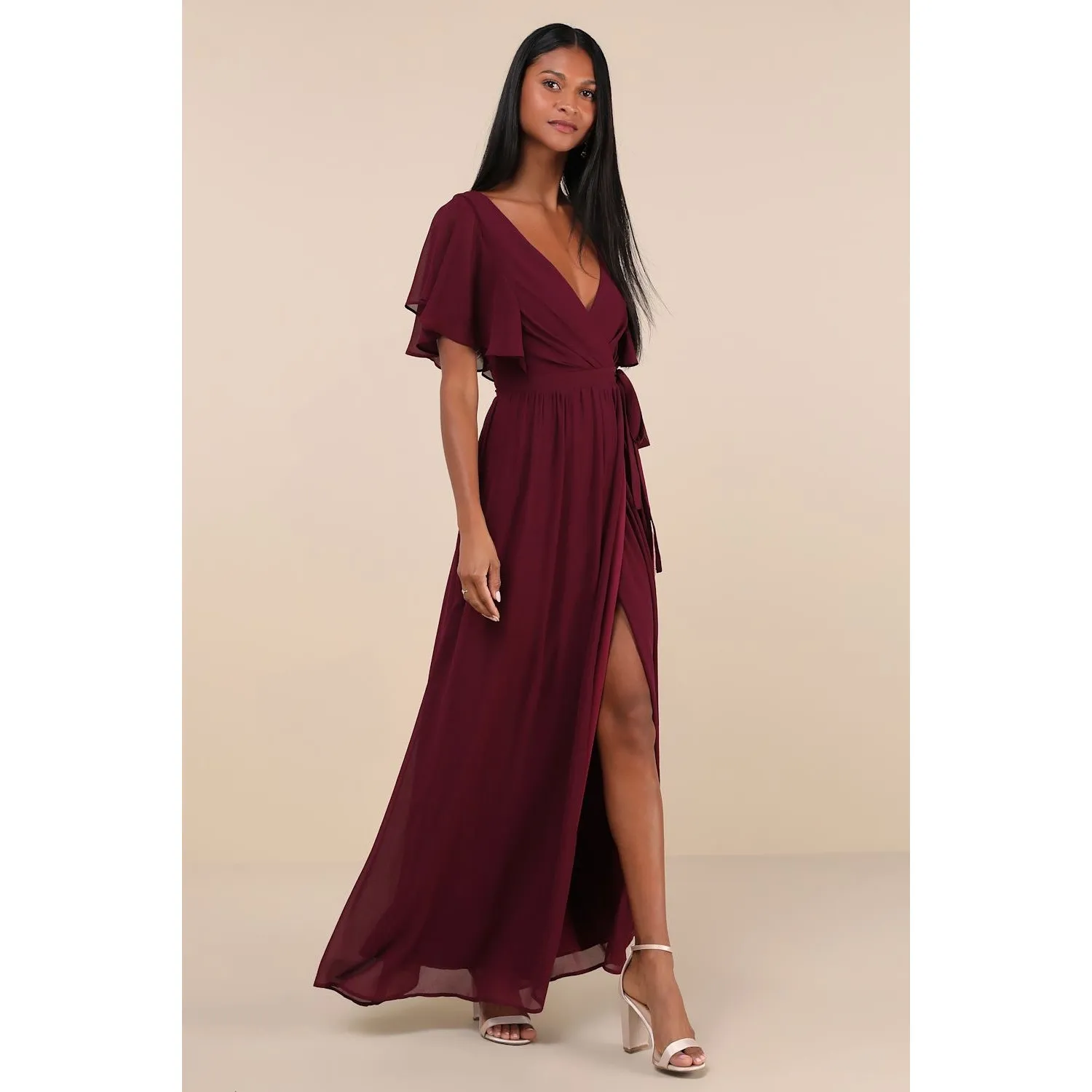 NWT Lulus Convincing Grace Burgundy Flutter Sleeve Wrap Maxi Dress Wedding Sz XL - Image 6