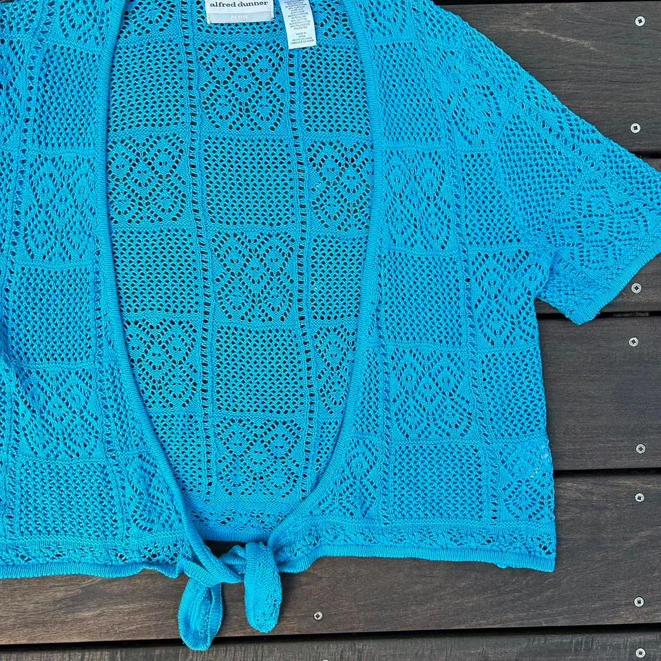 Vintage Y2K Blue Alfred Dunner Crochet Short Sleeve Tie Up Cover Up Cardigan Size L - Image 2