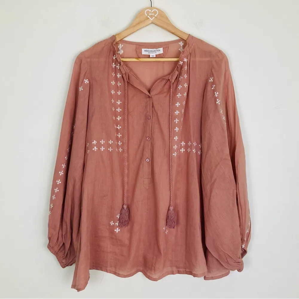 Emerson Fry India Collection Bardot boho sheer rose embroidered top. Size XS Pink - Image 4