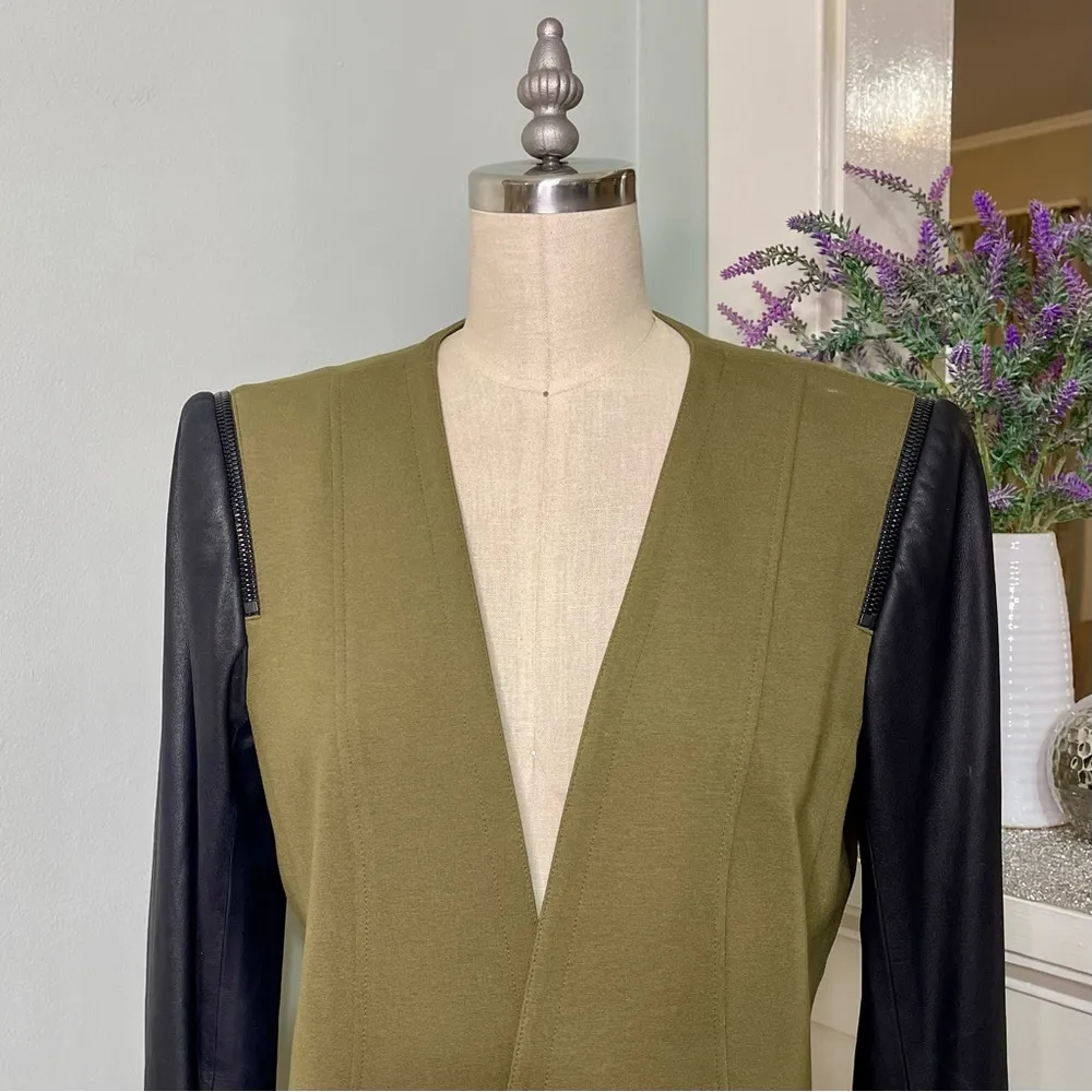 Theory Yaisa Pryor Leather Sleeve Blazer Jacket Olive Green & Black Large - Image 8