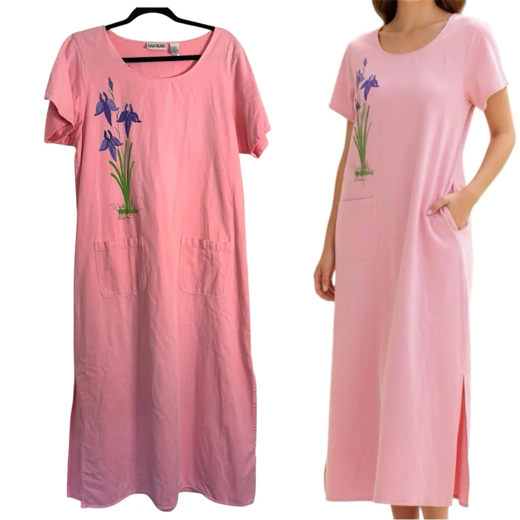 Las Olas Vintage 90’s Pink Floral Cotton Embroidered Maxi Dress Size Large - Image 2