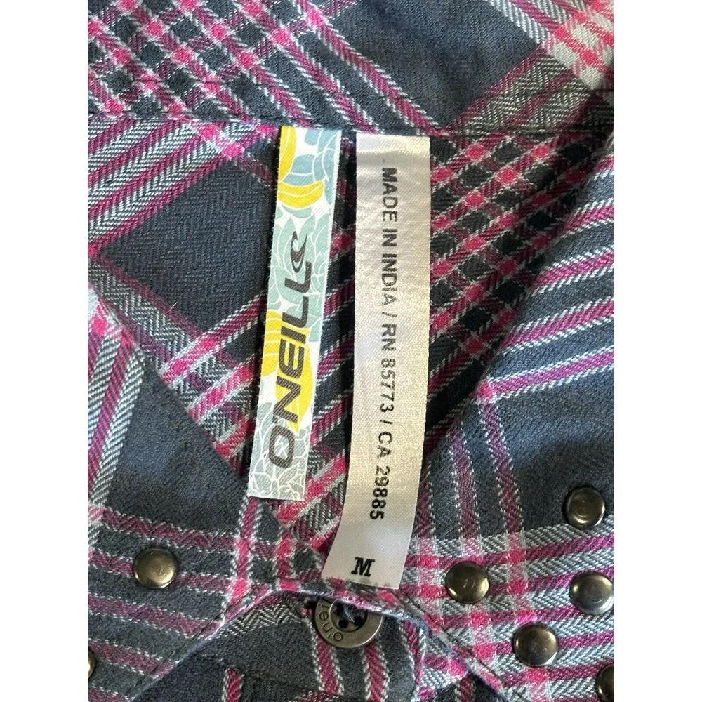 O'Neill Long Sleeve Shirt Pink/Gray‎ Plaid Size Medium Button Up Studs - Image 7