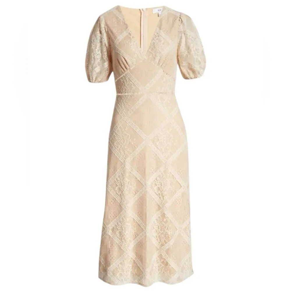 NSR NWTs Ana Rose Lace Tan Cream Romantic Dress size XS Midi Puff Sleeves - Image 3