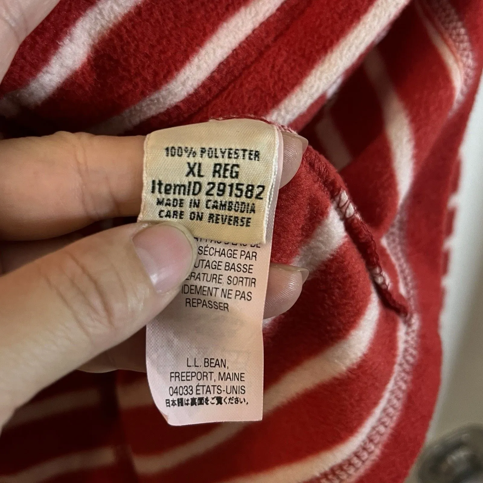 L.L. BEAN Jacket Sz XL Women Red Striped Full Zip Pocket Sherpa Collar - Image 5