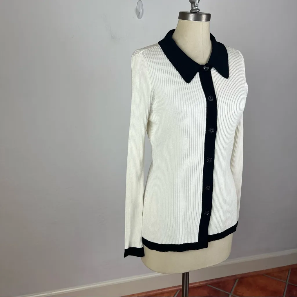 White House Black Market Petite Black + White Colorblock Cardigan - Image 3
