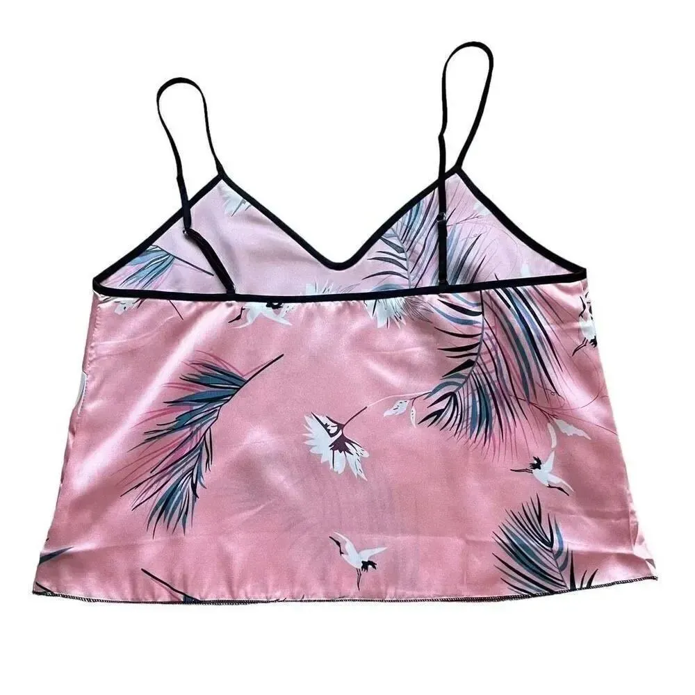 Bohemian Retro Plant Print Pajama Set, V Neck Cami Top & Short SZ S # 1634 Pink - Image 7