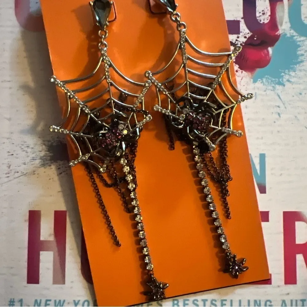 BETSEY JOHNSON 🎃Halloween Dark Magic Spider Web Goth Crystal Earrings- NEW - Image 4