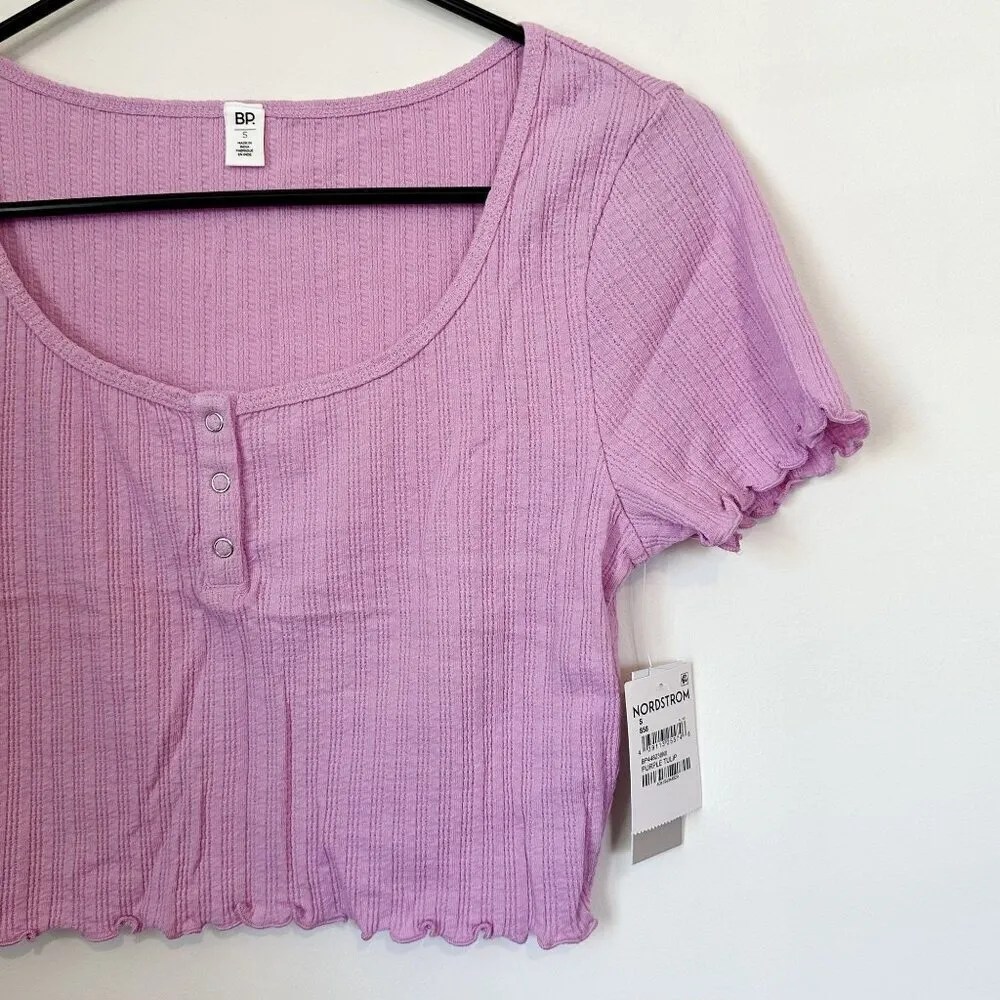 NWT BP by Nordstrom Purple Pink Pointelle Rib Cropped Short Sleeved Henley - S - Image 2