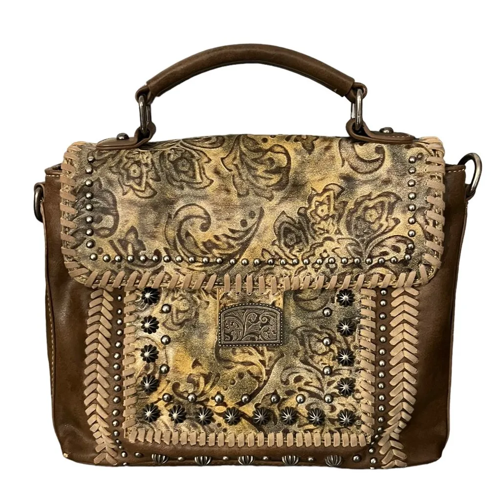 Montana West Studded Tooled Faux Leather Top Handle & Shoulder Strap Cowgirl Bag - Image 1