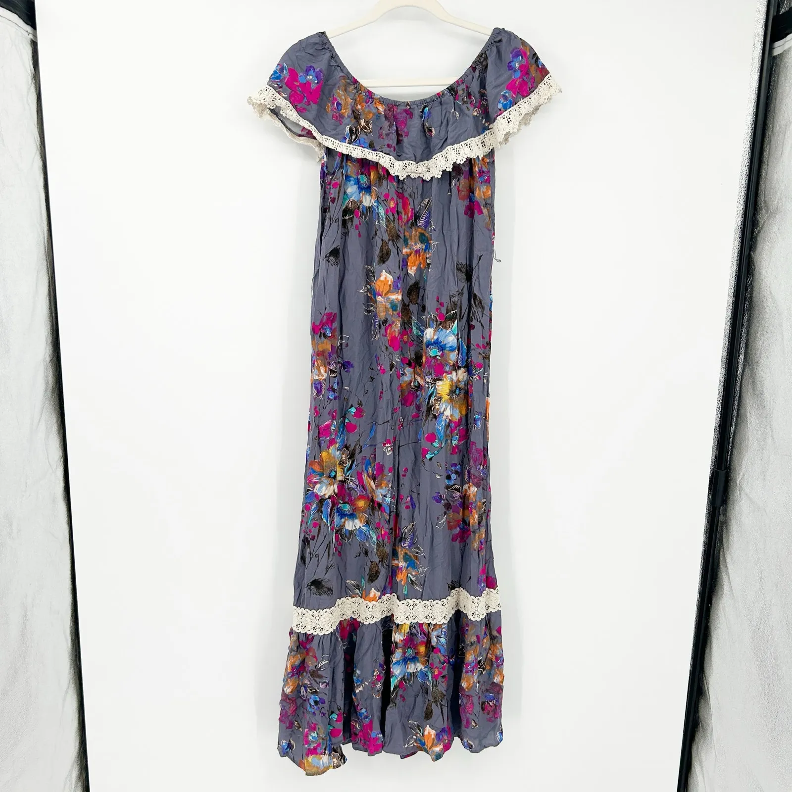 Pink Blush Resortwear Vacay‎ Boho Lace Crochet Off Shoulder Floral Maxi Dress S - Image 10