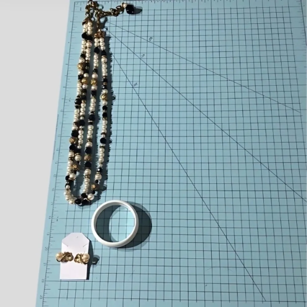 Vintage Beaded Multi Strand Pearl Necklace Earring Ring Set Gold - Image 5