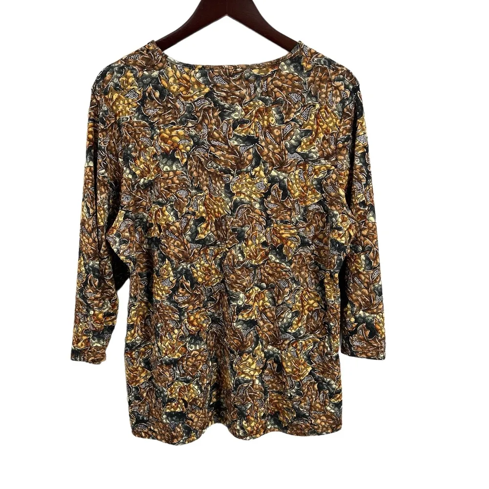 Allison Daley Shirt Black Brown Stretchy Abstract Autumnal Floral Leaves Large - Image 2