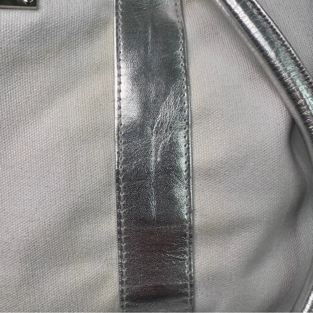 Michael Kors Silver & White Tote Bag 17”x14”x6” (has some discoloration) - Image 3