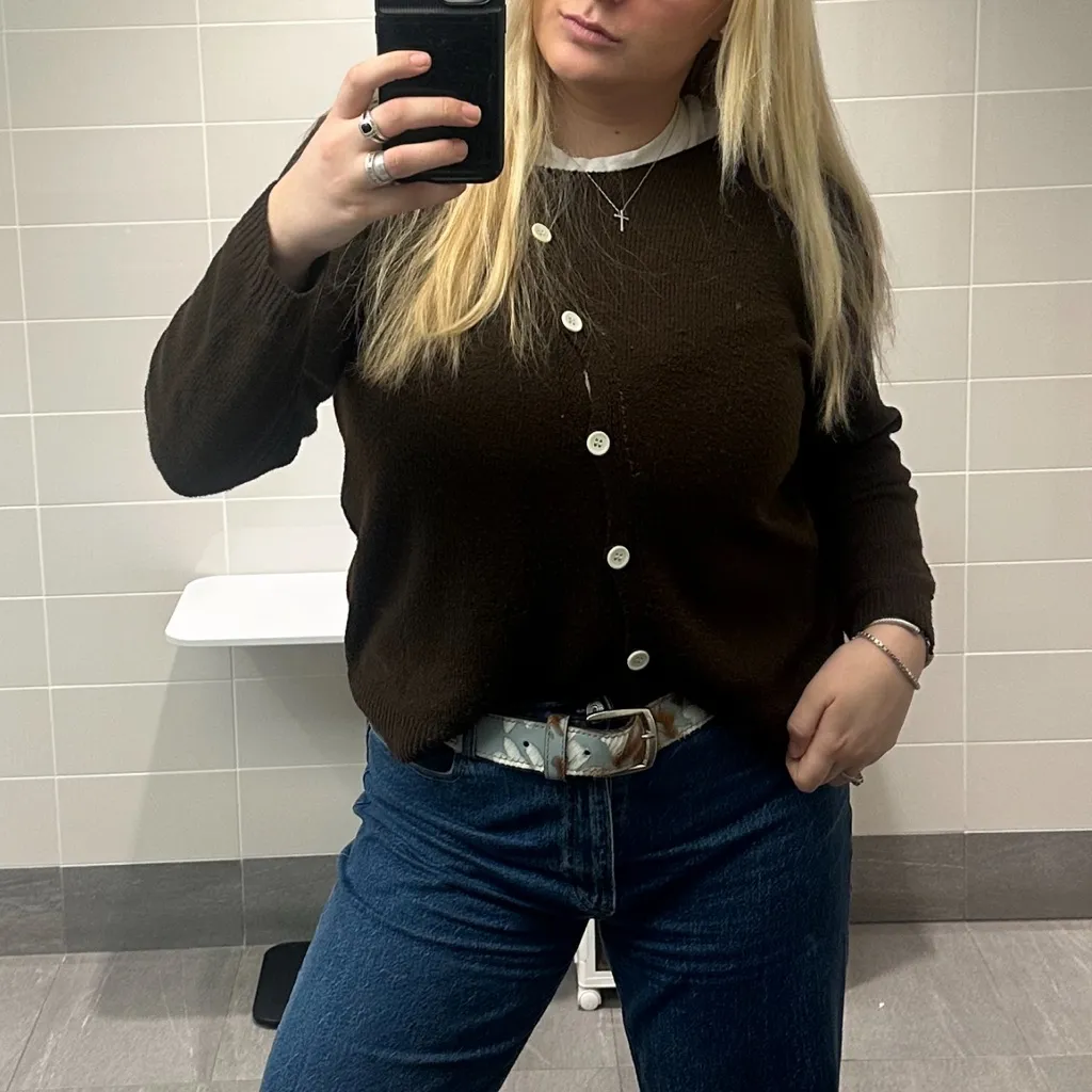 SHEIN asymmetrical diagonal button down brown sweater - Image 3