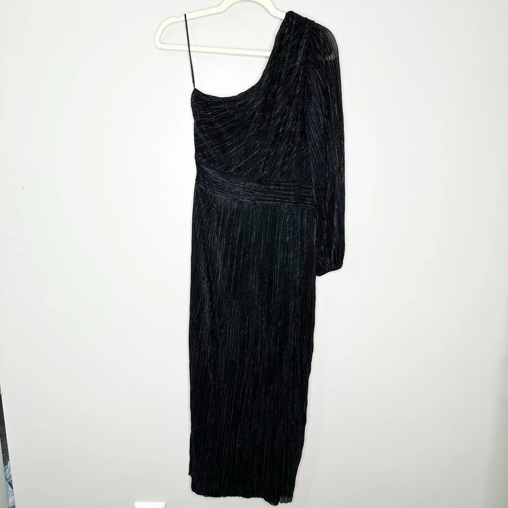 Saylor Midi Dress Alora Plissé One Shoulder SlitHem Black Metallic Size M0 - Image 3