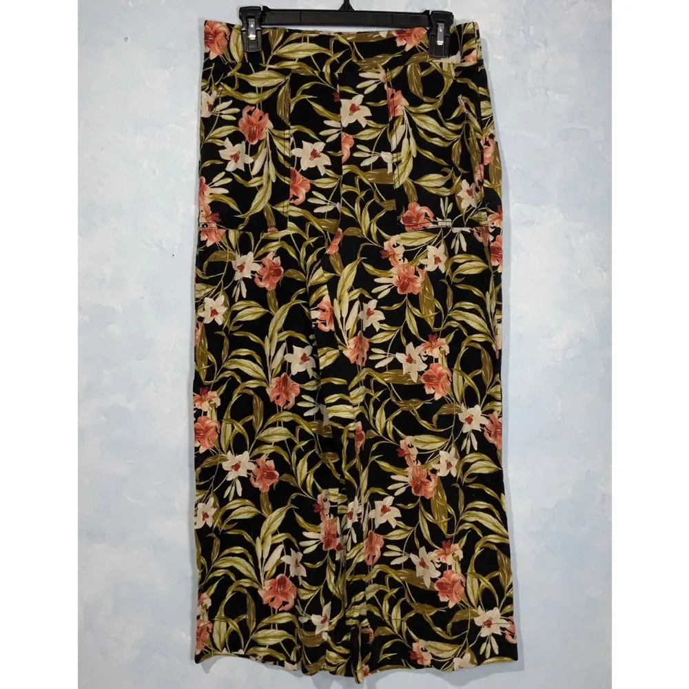 Kensie Linen Blend Black Floral High Waist Wide-Leg Cropped Pants Pockets Medium - Image 2