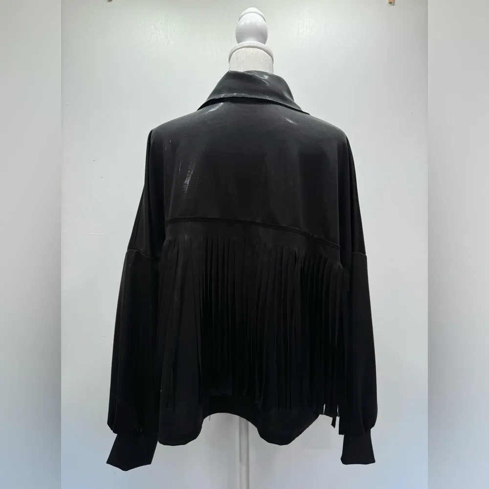 Bucketlist Shiny Black Western Button Front Shirt Jacket with Fringe Large - Image 6
