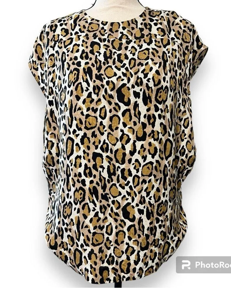 TORY BURCH size 8 leopard print 100% silk top zip close cap sleeve black brown - Image 11