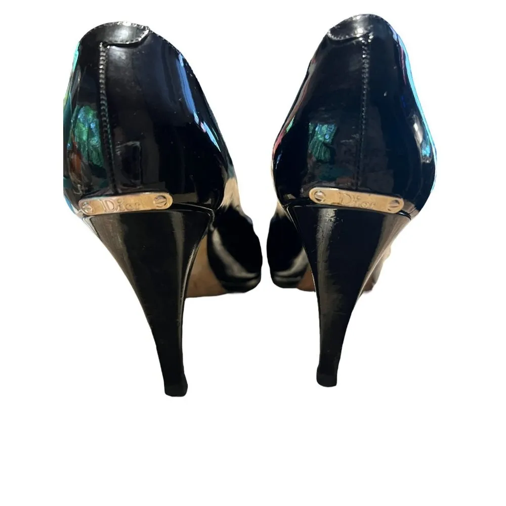 Christian Dior Black Patent Leather Platform Heels Peep Toe 4" heel 38.5 US 8.5 - Image 4
