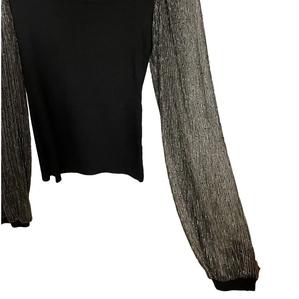 eesome Ribbed Knit Top Women’s Small Black Mesh Sheer Sleeves Fitted Square Neck - Image 3