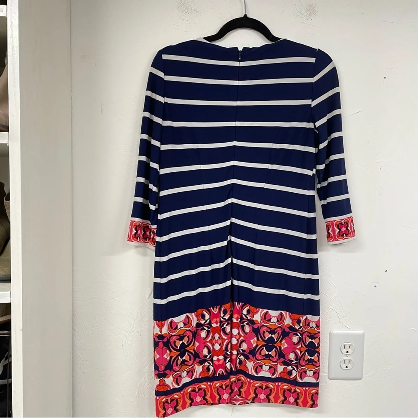 Eliza J Navy Blue Striped Floral Print 3/4 Sleeve Shift Mini Dress Womens 6 Red - Image 11