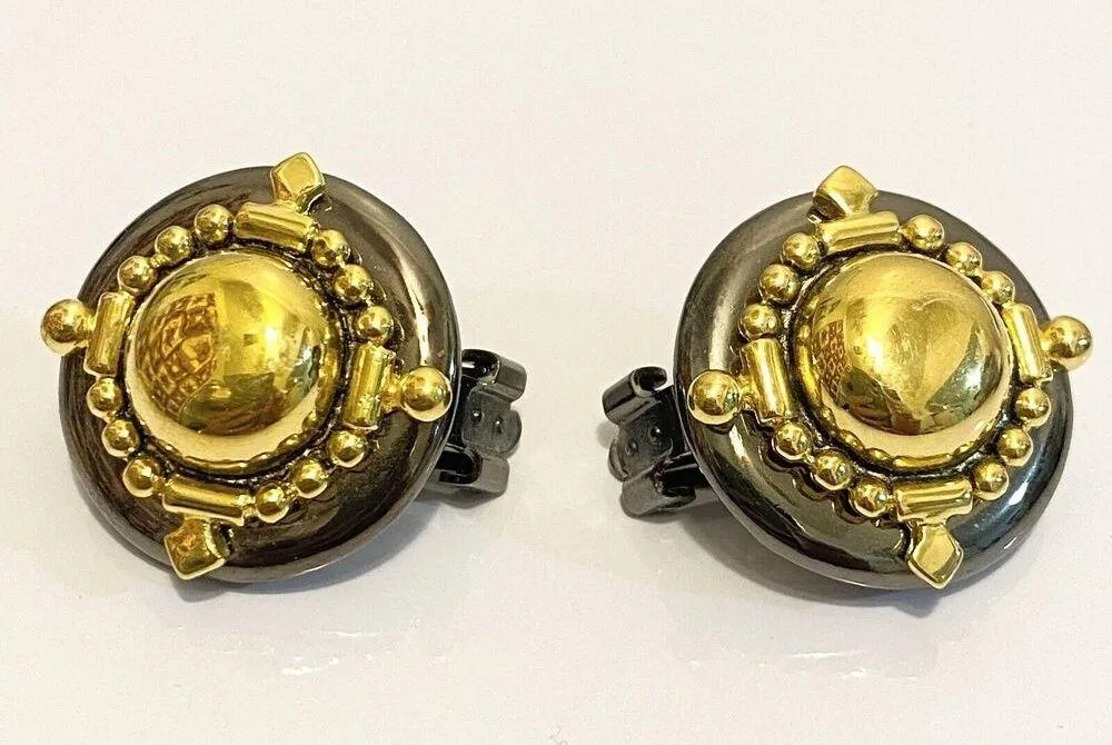 Joan Rivers Clip Earrings Gunmetal Gold Tone Runway Statement Bold Classic - Image 3