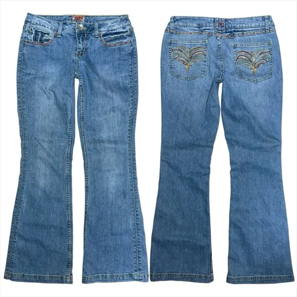 Rare Y2K NOBO Low Rise Flare Jeans Size 11 / 30” Bling Pocket Colorful Stitching Blue - Image 2