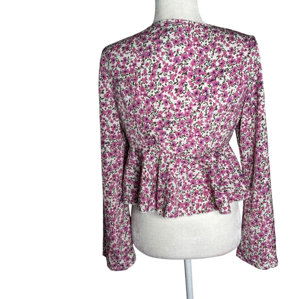 Floral Long Bell Sleeve Tie Front Peplum Blouse Medium Pink White Deep V Neck - Image 4
