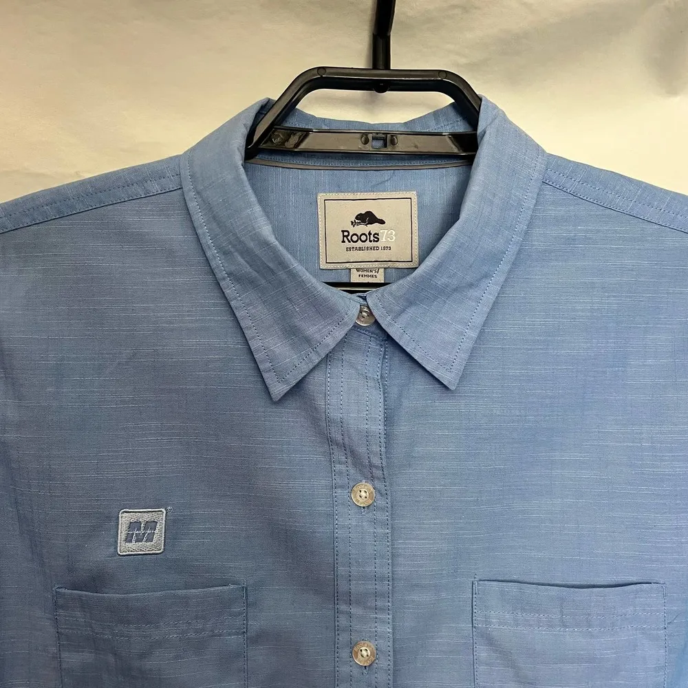 Roots73 Clearwater Button Up Women Shirt Size Large Blue M Patch #97100 Rolltab - Image 20