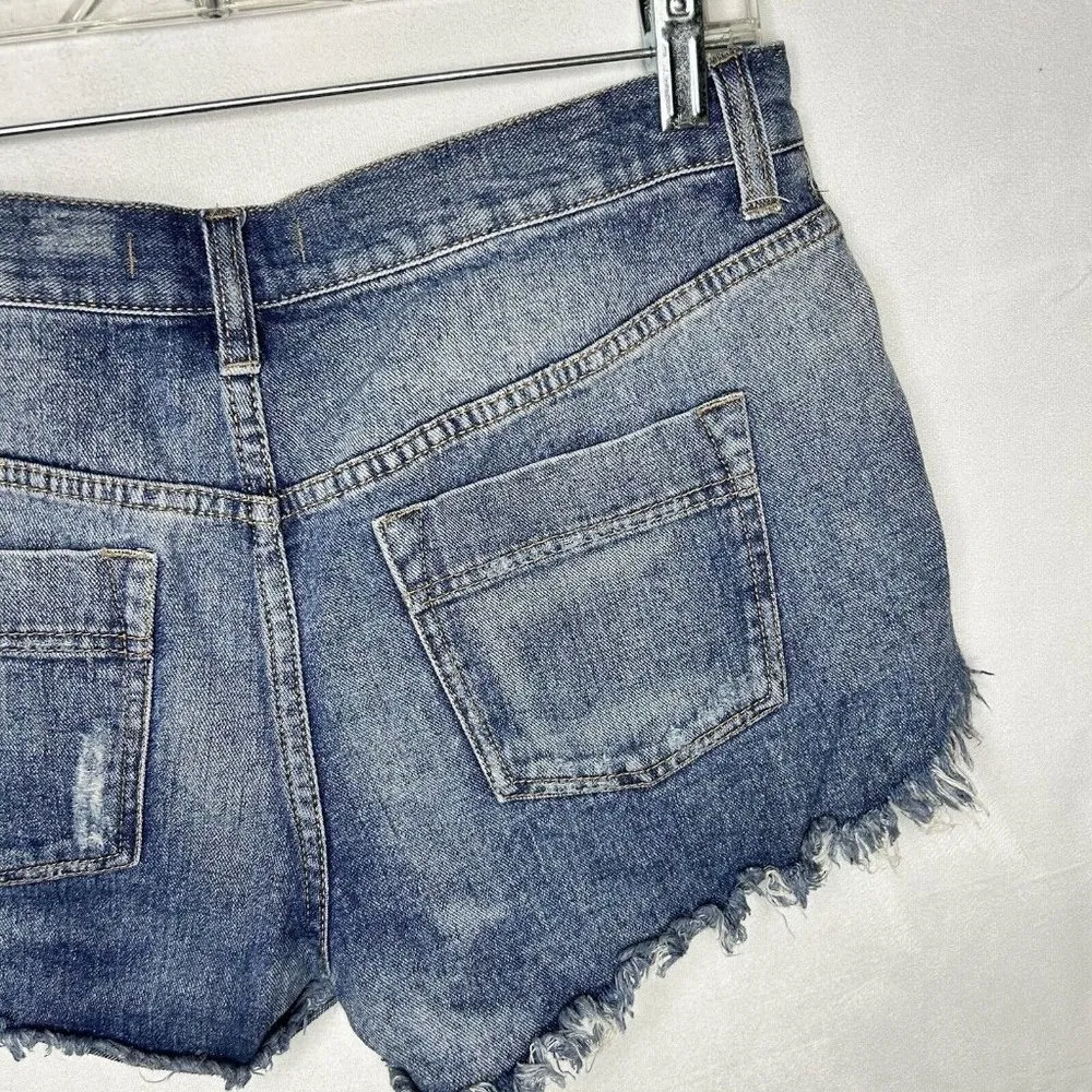 Free People Tulum Medium Wash Cut-Off Denim Jean Festival Embroidered Shorts 28 - Image 9