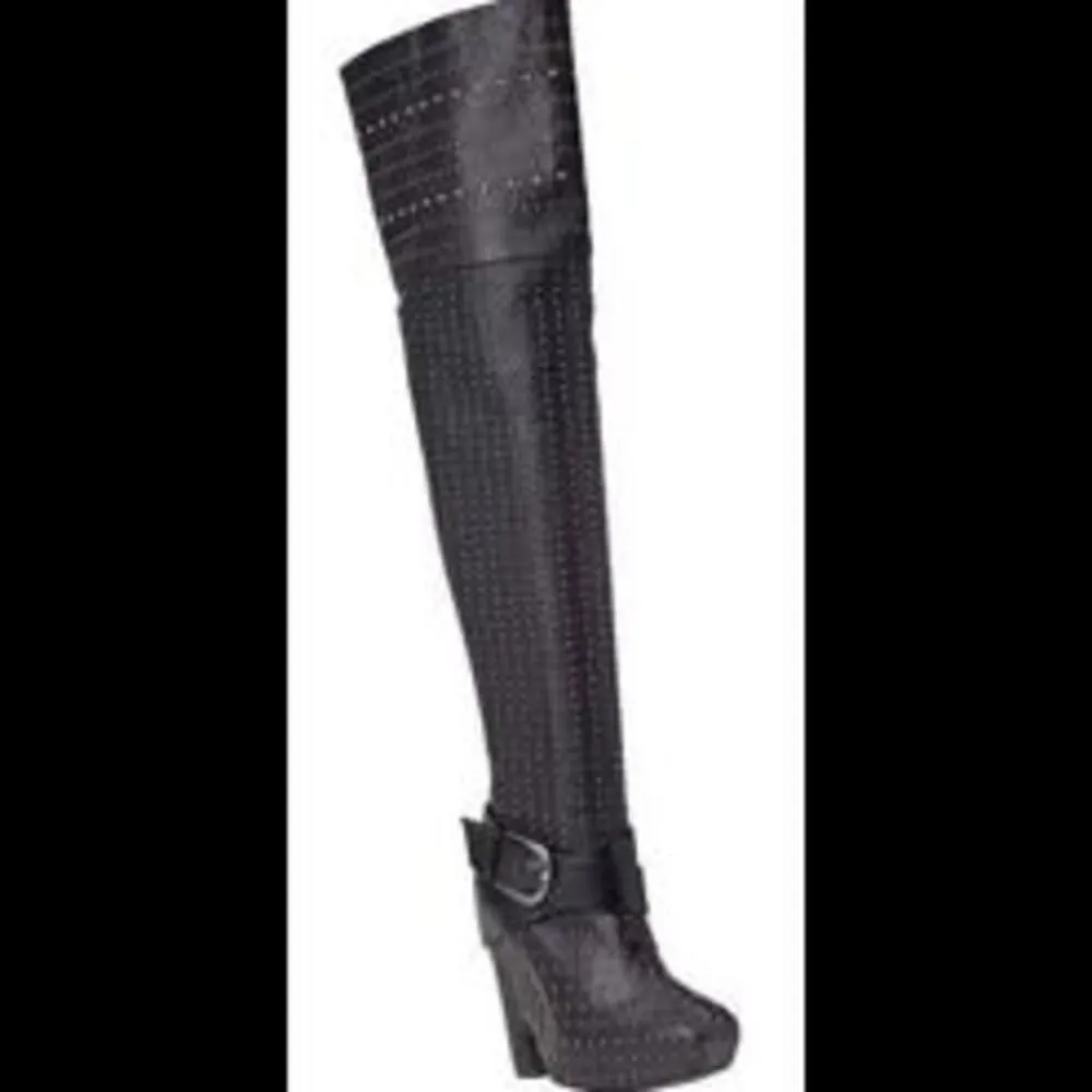 Sam Edelman Black Leather Studded Over-the-Knee Wedge Boots Buckle - Women’s 7.5 - Image 2