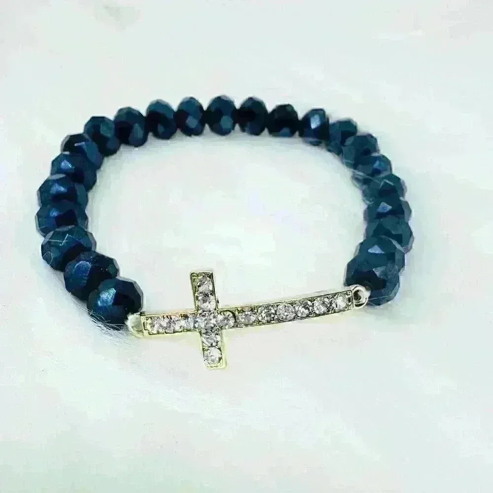Navy Blue Beaded Bracelet with Rhinestones Cross - Image 3