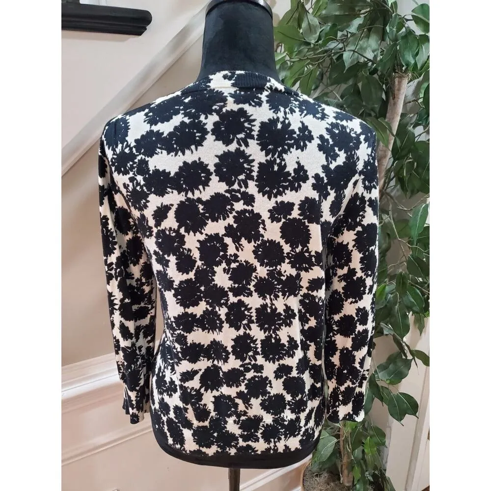 J.Crew Women Black White Floral Cotton Round Neck Long Sleeve Cardigan Sweater M - Image 5