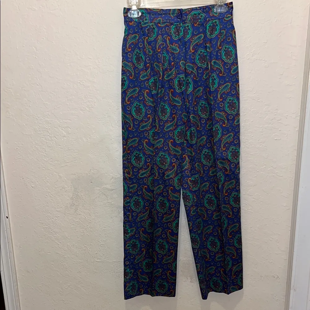Women’s Vintage Paisley Floral Blue and Green Pants Carlisle Baroque Size 4 - Image 2