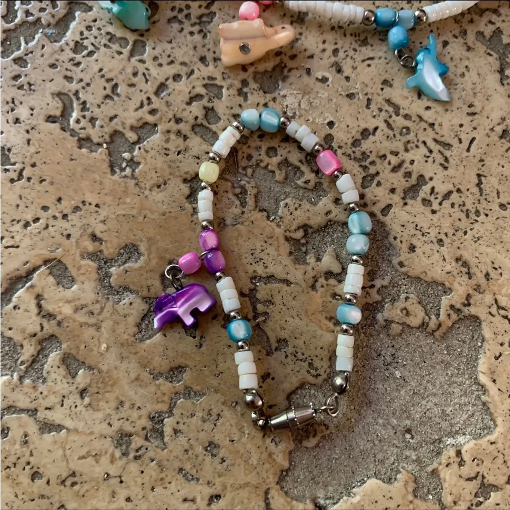 Vintage 90s Puka Shell Mother Pearl Fish Turtle Dolphin Necklace Bracelet Hawaii - Image 2