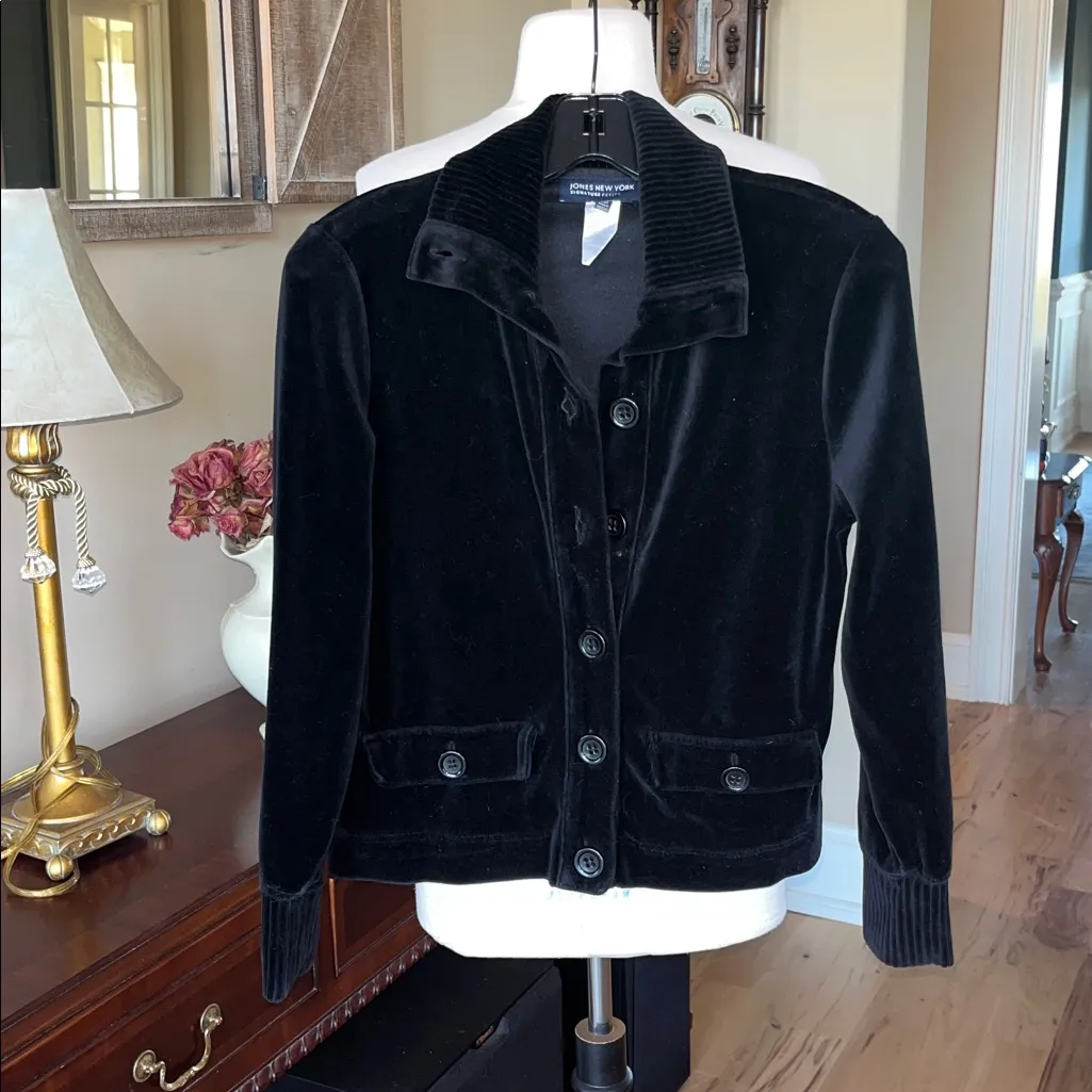 Jones New York Signature Petite Sweater Black Velour Button Down Front Womens PM - Image 4