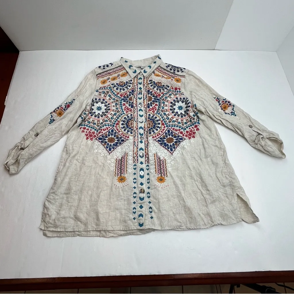 John Mark Womens Tunic Top Linen Artsy Art to Wear Embroidered Boho‎ Ecru Large - Image 3